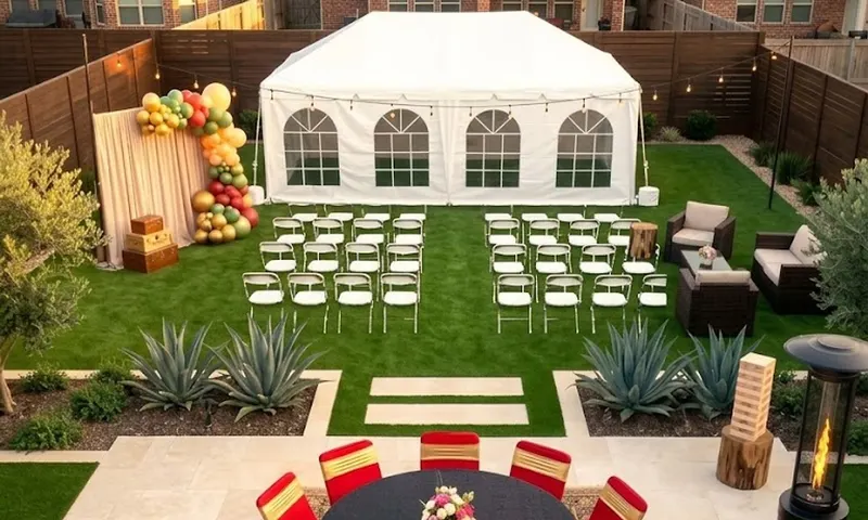 Backyard party with a white tent, rows of white folding chairs and a round table with red and gold chair covers